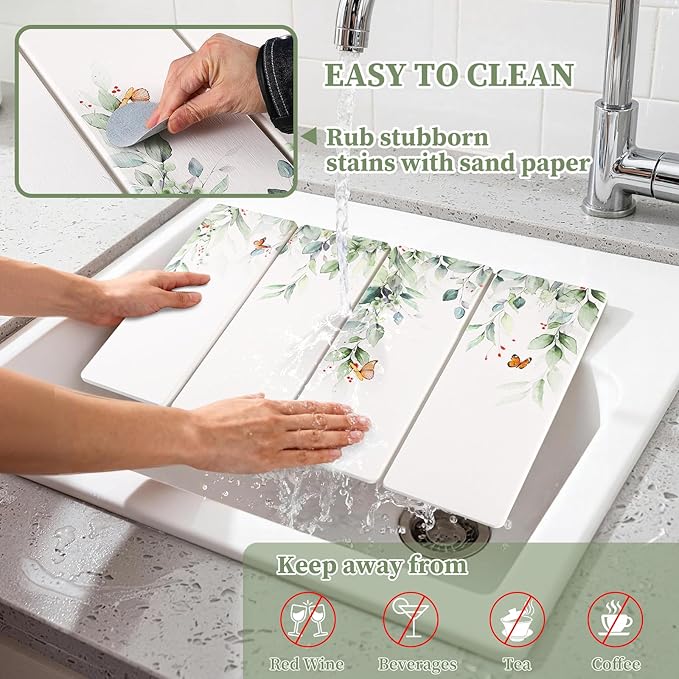 Large Stone Dish Drying Mat for Kitchen Counter, 24"×16" Quick Dry Dishes Mats, Foldable Diatomaceous Earth Drying Organizer Pad Water Absorbing for Plate Bottles Utensils