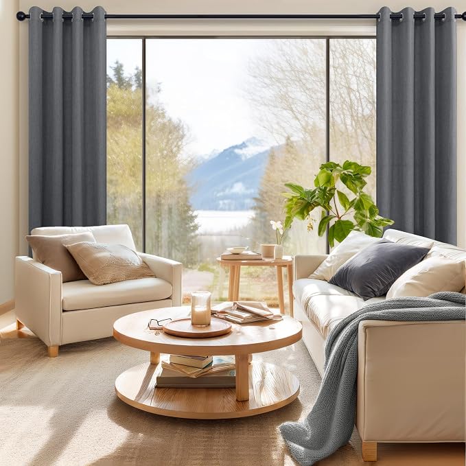 Pitalk Dark Grey Curtains 108 Inches Long Set of 2 Panels Grommet Unique Light Filtering Semi Sheer Office Curtains for Men Living Room Bedroom Charcoal Gray 52x108 Inch Length