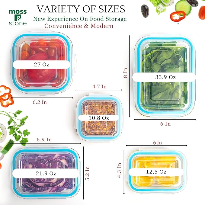Moss & Stone 10-Piece Borosilicate Glass Meal Prep Containers – 100% Leak-Proof Snap-Lock Lids, Airtight & BPA-Free – Freezer, Microwave & Oven Safe (Glass Only) – Stackable/Nestable Food Storage Set
