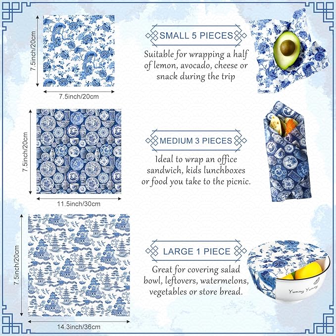 Tigeen 9 Pack Reusable Beeswax Wrap for Food Chinoiserie Beeswax Paper for Sourdough Bread Cheese Paper Wrapping Wax Cloth Food Wraps Bread Sandwich Wrapper 1 XL 3 Medium 5 S (Blue,Chinoiserie)