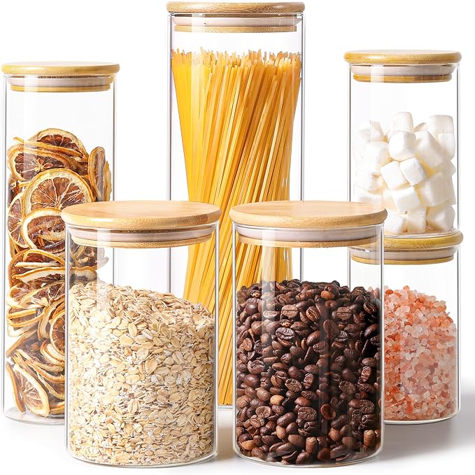 ComSaf Glass Storage Jars 6 Pack, Pasta Containers, Pantry Organization | Tall Glass Jar, Pasta Containers Storage Set of 6 (2Qt/1.1Qt/1Qt*2/0.5Qt*2), Glass Pantry Storage, Spaghetti Jar, BPA Free