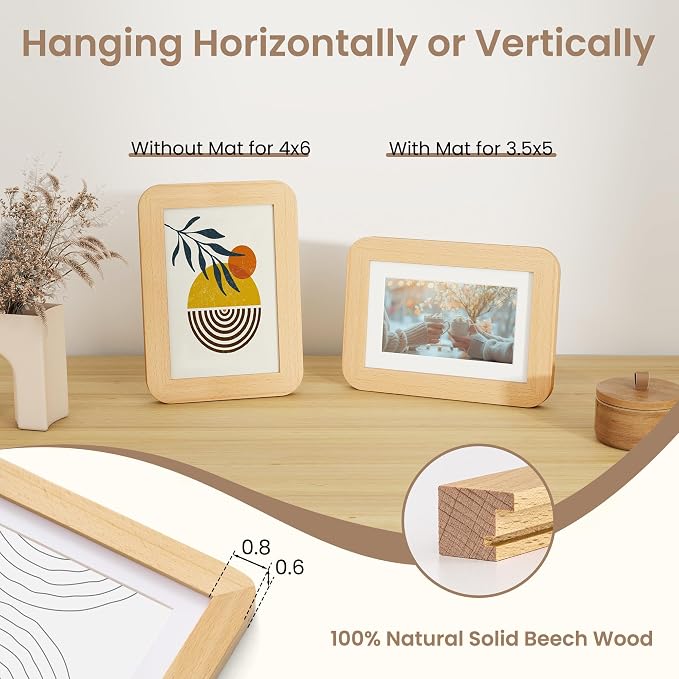 Fun Memories 4x6 Picture Frame - Solid Beech Wood Frame, Handcrafted 4x6 Photo Frame Matted to 3.5x5 with Real Glass, Wall or Tabletop Display, 4 By 6 Photo Frame Wood, Natural Beech