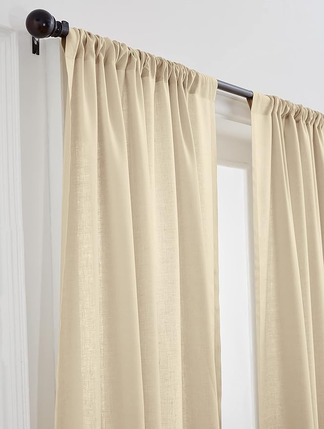 Solino Home Beige Linen Curtain 52 x 108 Inch, Light Filtering Rod Pocket Curtain 108 Inches Long, 100% Pure Linen European Flax Window Treatment Panel for Living Room, Bedroom - 1 Panel