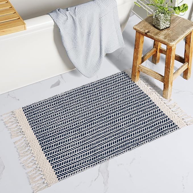 Lahome Belle Boho Bathroom Rugs, Small 2x3 Front Door Mat Lightweight Entryway Rug Woven Cotton Area Rug with Tassels, Farmhouse Non Shedding Washable Blue Throw Rug Low Pile Carpet for Entry Laundry