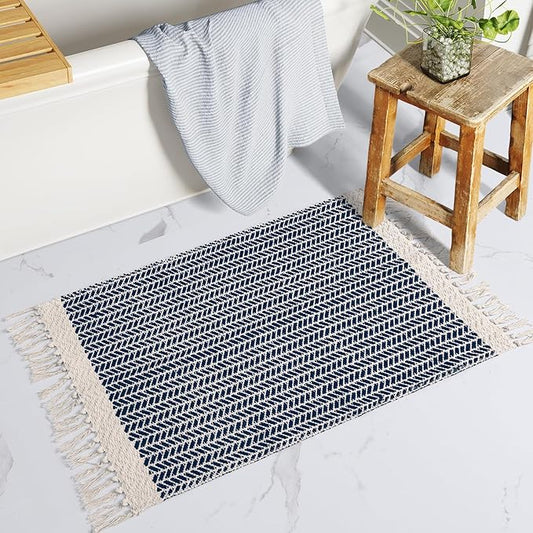 Lahome Belle Boho Bathroom Rugs, Small 2x3 Front Door Mat Lightweight Entryway Rug Woven Cotton Area Rug with Tassels, Farmhouse Non Shedding Washable Blue Throw Rug Low Pile Carpet for Entry Laundry