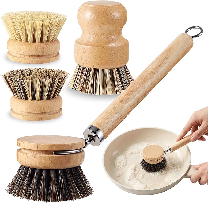 5 Pcs Bamboo Wood Dish Brush Set Includes 1 Wooden Handle with 3 Natural Replaceable Bristle Heads and 1 Handheld Bamboo Wok Brush Scrubber for Dishes Pans Pots Fruit and Veggie Washing(Style A)