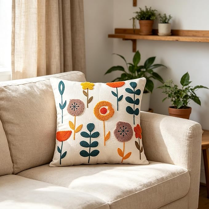 Embroidered Throw Pillow Cover 18x18 Inch,Cotton Canvas Floral Pillow Case, Daisy Wildflower Leaf Boho Farmhouse Decorative Cushion Square for Sofa Bedroom Living Room Outdoor Couch Farmhouse (A003)