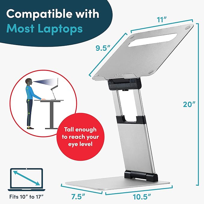 Lifelong Aluminum Adjustable Laptop Stand, Extra Tall 20" Riser, Silver | Ergonomic Laptop Stand for Desk, Portable Foldable Computer Stand, Fits 10-17 Inch Laptops & MacBooks