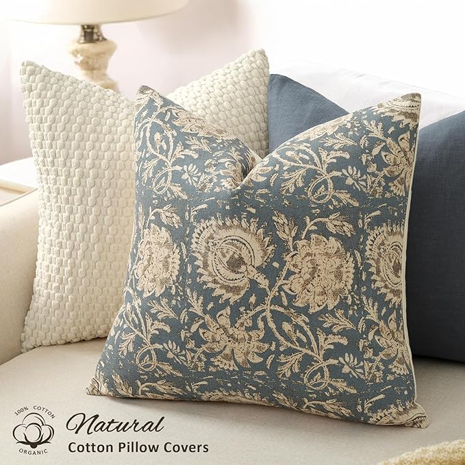 Vintage Floral Print Throw Pillow Covers 18x18 Set of 2 Neutral Modern Farmhouse Pillowcase Accent Decorative Cushion Covers Boho Home Decor for Couch Sofa Chair Bed Living Room, Dusty Blue