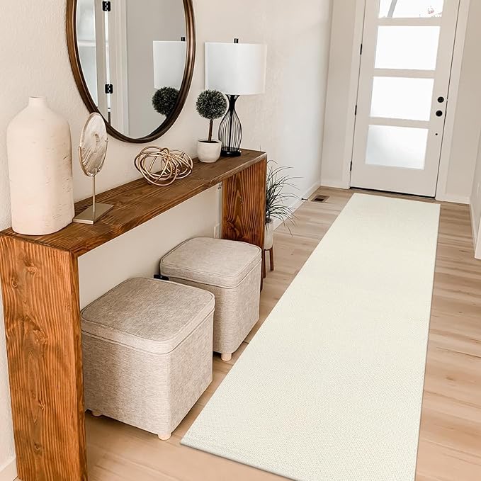 LEEVAN Hallway Runner Rug 2.6' x 8', Cream Braided Kitchen Runner, Washable Woven Reversible Bathroom Rug, Farmhouse Entryway Carpet, Low-Profile Floor Carpet for Doorway/Laundry Room/Bedroom
