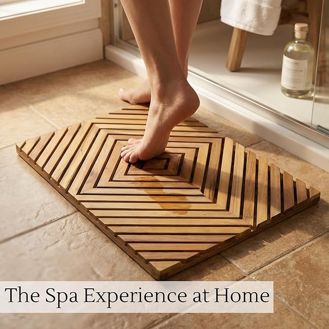 PANDAWOOD Teak Shower Mat for Inside Shower 22x15 - Premium Teak Wood Bath Mat Non Slip - Wooden Shower Mat for Outdoor - Heavy Duty Teak Bathroom Floor Mat for Bathtub Sauna