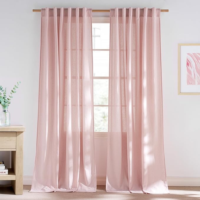 NICETOWN Linen Light Pink Curtains Semi Sheer for Girls Room, Rod Pocket & Back Tab Thick Flax Blend Privacy Assured with Light Filtering Window Treatments for Kids Room, W55 x L84, 2 Panels