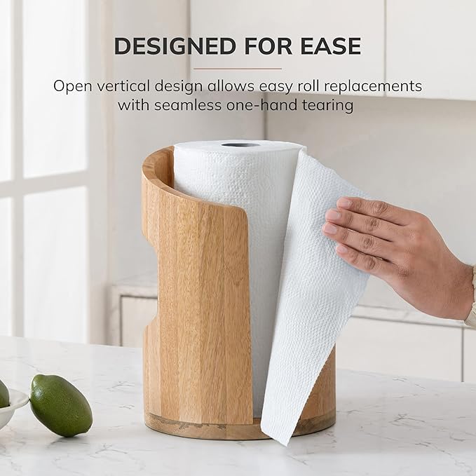 Anji Mountain Wooden Paper Towel Holder Countertop with Mango Wood Round Base and Iron Holder, Holder Stand for Kitchen Roll Organizer & Kitchen Dining Table Home Decor - Mango/Gold, Arc Hold