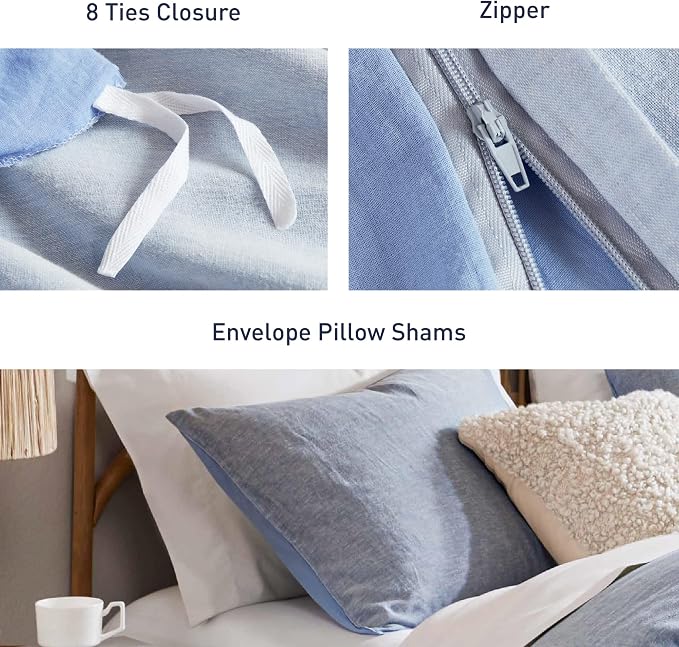 Hyde Lane Linen Duvet Cover Set Queen Size, 3Pcs Textured French Flax Linen Cotton Blend Bedding Set, Natural and Organic, Soft and Breathable, with 2 Pillow Shams, 90"x90", Blue