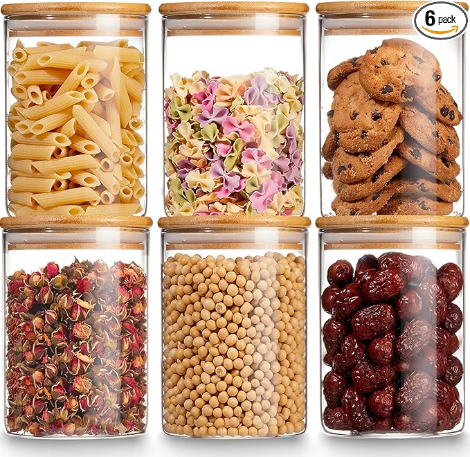 Gencywe Glass Storage Jars with Airtight Bamboo Lid, 27 OZ Food Storage Jar with Labels, Airtight Glass Canisters, Clear Kitchen Container for Candy, Cookie, Rice, Coffee Beans, Snacks, Spices