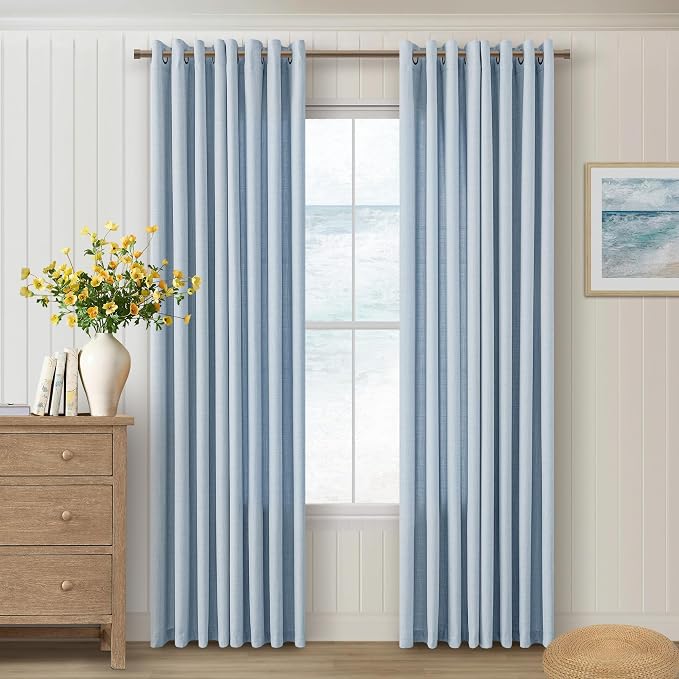 Blue Semi Sheer Curtains for Girls Bedroom Flax Linen Light Filtering Privacy Non See Through Grommet Drapes Modern Coastal Boho Light Blue Curtains 90 Inch Curtains 2 Panels Set Stone Blue