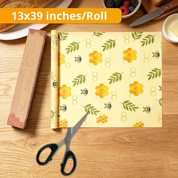 2 Rolls Reusable Beeswax Food Wrap Roll, 13x39 Inches Cut-to-Size Beeswax Paper for Bread, Sustainable Eco Friendly Cotton Food Storage Wraps for Cheese,Fruit,Vegetable,Washable,Plastic Free