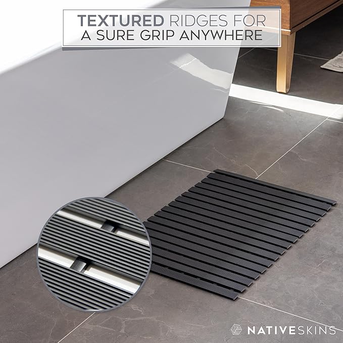 NativeSkins Faux Bamboo Shower Mat (Black), Non-Slip Safety Lining, Waterproof, Quick-Drying, Eco-Style Slatted Bath Mat for Spa, Sauna - Large 16.9 x 30.7 in