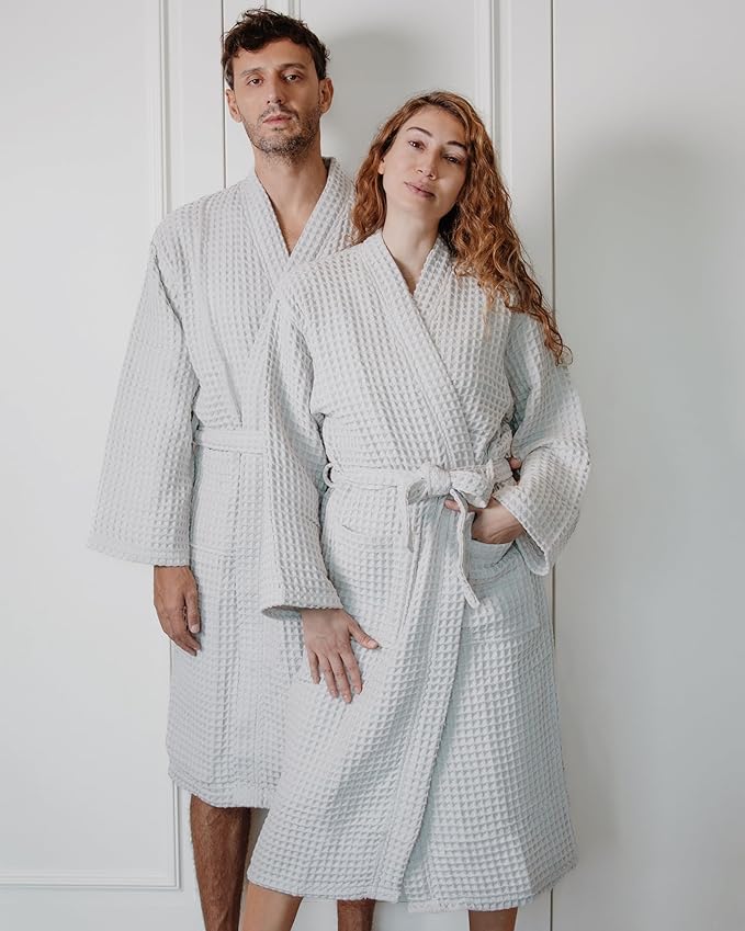100% Cotton Waffle Kimono Bathrobe for Men & Women, Cozy Leisurewear with Functional Pockets, Comfortable Robe for Relaxation