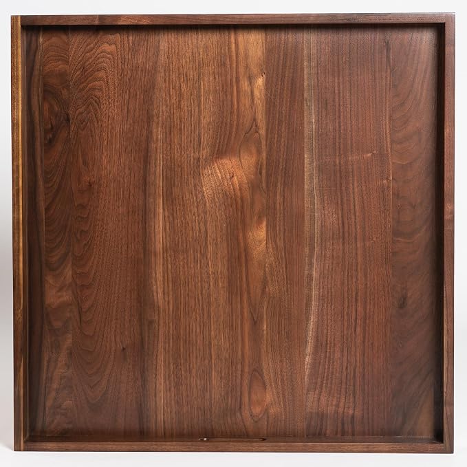 26 x 26 inches Large Square Solid Black Walnut Wooden Serving Tray Oversized Ottoman Table Platter Decorative Tray with Handle for Home Breakfast in Bed Tea Coffee