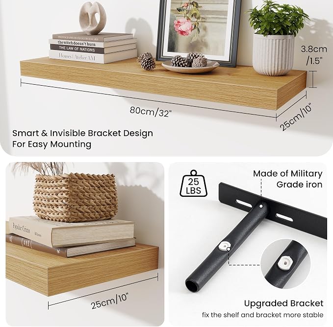 Fun Memories 32 x 10 Floating Shelves Wall-Mounted - Rustic Wood Shelf - 10 Inch Deep Floating Shelves for Wall - Large Storage Shelf for Bathroom - Kitchen & Bedroom - Oak - Set of 2