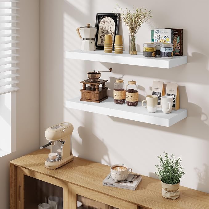 Fun Memories Floating Shelves for Wall, 32 Inch Long Floating Shelves Set of 2, 32 x 10 Wooden Shelves for Wall, Large Storage Shelves, Hanging Shelves for Bathroom Kitchen Bedroom, White