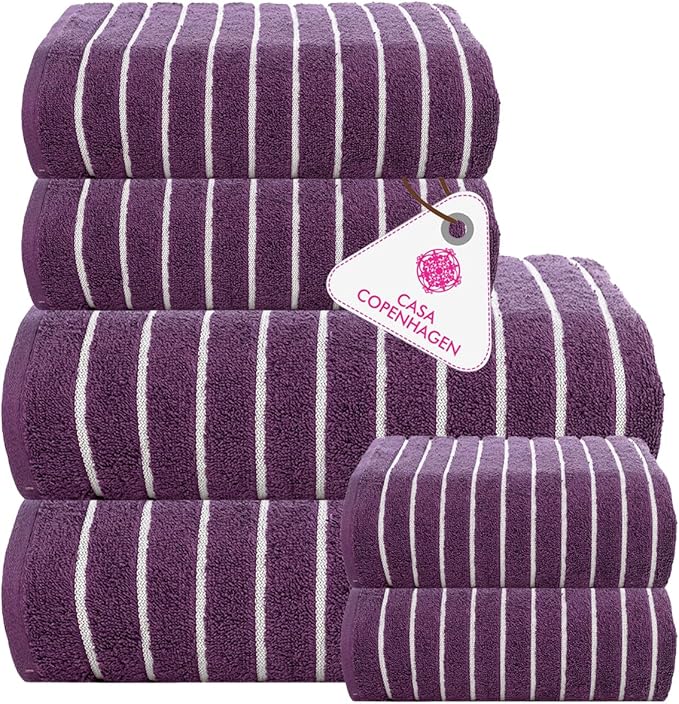 CASA COPENHAGEN Ecstatic 6Pcs 100% Egyptian Cotton Large Designer Towels Gift Set- Plum, 600GSM, 2Bath 2Hand 2Washcloths, Bath Towels for Bathroom Set for Women & Men