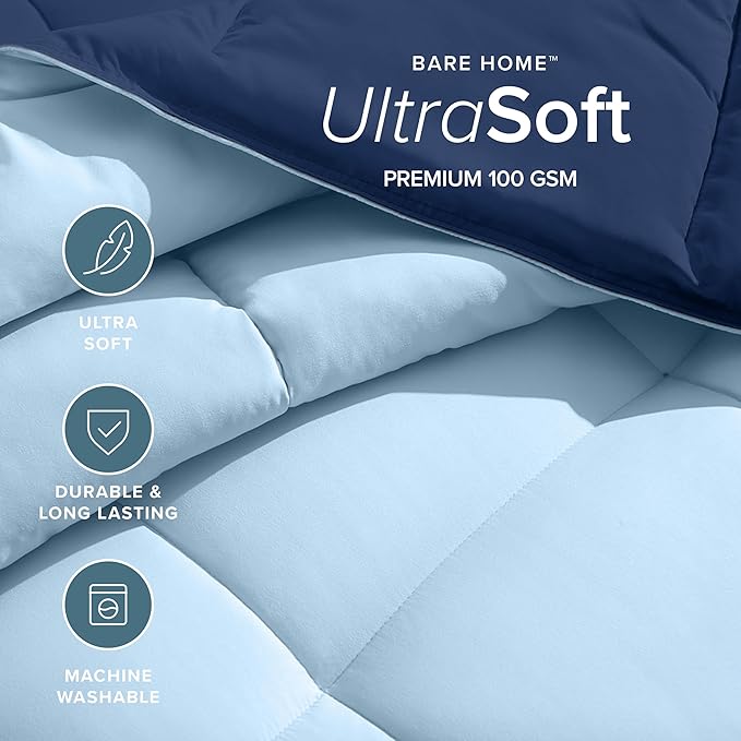 Bare Home Full Comforter - Reversible Colors - Goose Down Alternative - Ultra-Soft - Premium 1800 Series - All Season Warmth - Bedding Comforter (Full, Dark Blue/Light Blue)