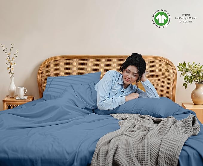 RUVANTI Flannel Sheets King Size - GOTS Certified 100% Organic Cotton, 4 Piece Warm, Soft & Breathable Set, Deep Pocket Snug Fit, Double Brushed Cozy All Season Bedding, Denim Blue