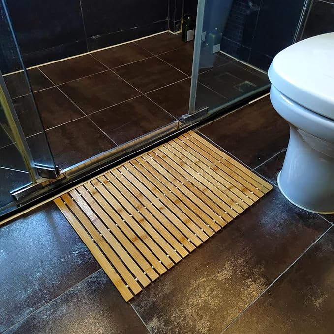 HJJKKH Bath Mat, Wooden Bathroom Mat Rayon Derived from Bamboo 31.5"x19.7", Rollable Non-Slip Floor Mat, Wooden Shower Mat for Bathroom, Bathtub, Spa, Sauna, Hot Tub & Outdoor Use