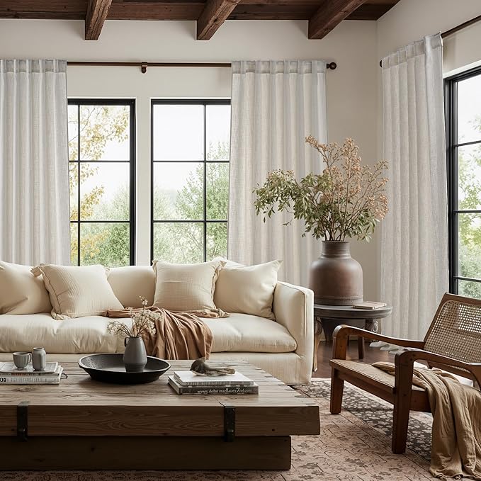 NICETOWN 84 inch Linen Curtains 2 Panels Set for Bedroom/Living Room, 55" Wide Butlywood Birch Thick Farmhouse Linen Privacy Window Drapes Rod Pocket & Back Tab with Light Filtering