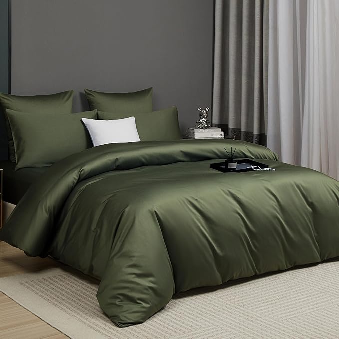 Olive Green Cotton Duvet Cover Set Queen 100% Long-Staple Cotton Sateen Bedding Set, Soft Breathable Smooth Organic Pure Cotton Plain Comforter Cover, Luxury Minimalist Bedroom Decor for All Season