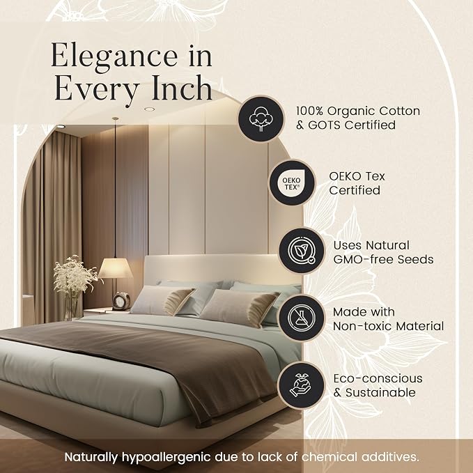 Organic Cotton Sheets Queen Size Bed Set Deep Pockets, 300 TC Cotton Queen Sheet Set, Soft Breathable Sateen Weave Elasticated Sheet & Pillowcase Sets, No Pill & Shrink, Machine washable- Silver
