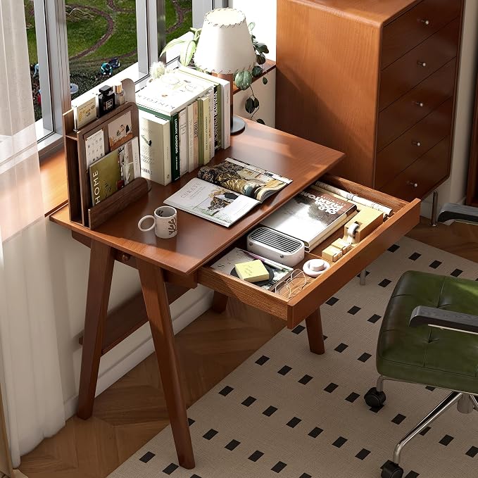 YESWOOD 100% Solid Rubber Wood Desk, Mid Century Modern Writing Computer Desk in Walnut Finish with Drawer for Home Office, Sturdy Room, Bedroom 31.49" W Teak