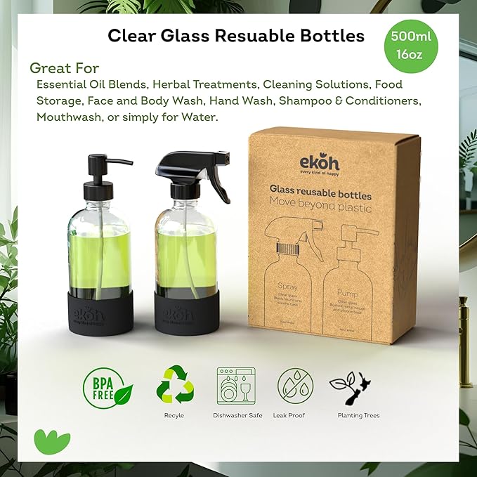 EKOH 2 Pack Glass Countertop Soap Dispensers - Refillable & Reusable with Silicone Protective Base and Preprinted Labels - for Kitchen and Bathroom (Clear)