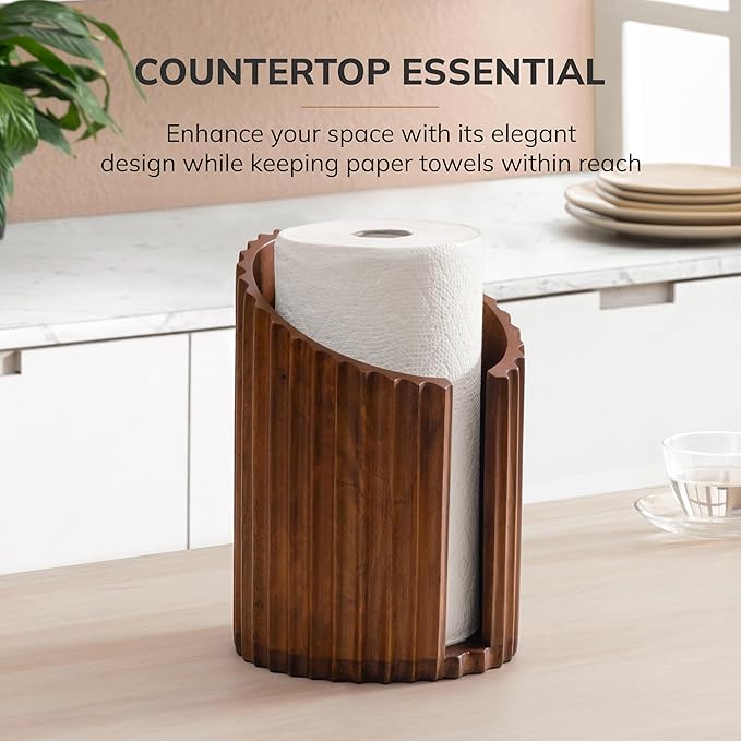 Anji Mountain Wooden Paper Towel Holder Countertop with Mango Wood Round Base and Iron Holder, Holder Stand for Kitchen Roll Organizer & Kitchen Dining Table Home Decor - Walnut/Black, Fluted