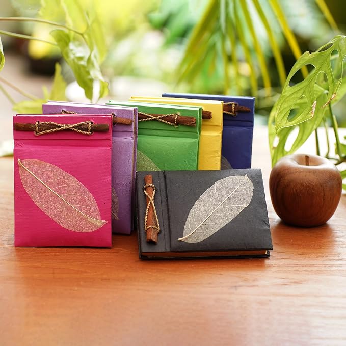 NOVICA Purple Pink Green Yellow Recycled Natural Fiber Notebooks With Rice Paper, 'Happy Leaf' (Set Of 6)