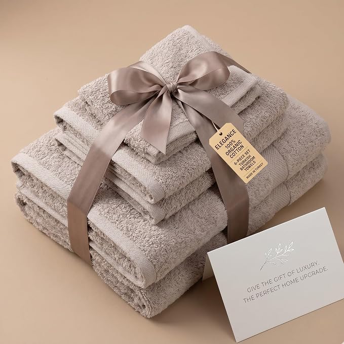 Maisonette Elegance 100% Organic Cotton Turkish Bathroom Towels Set, Ideal Quick Dry Luxury Washcloths, Hand & Large Luxury Bath Towels for Shower (6 Pack), Light Brown (Dune)