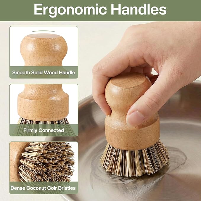 5 Pcs Bamboo Wood Dish Brush Set Includes 1 Wooden Handle with 3 Natural Replaceable Bristle Heads and 1 Handheld Bamboo Wok Brush Scrubber for Dishes Pans Pots Fruit and Veggie Washing(Style C)