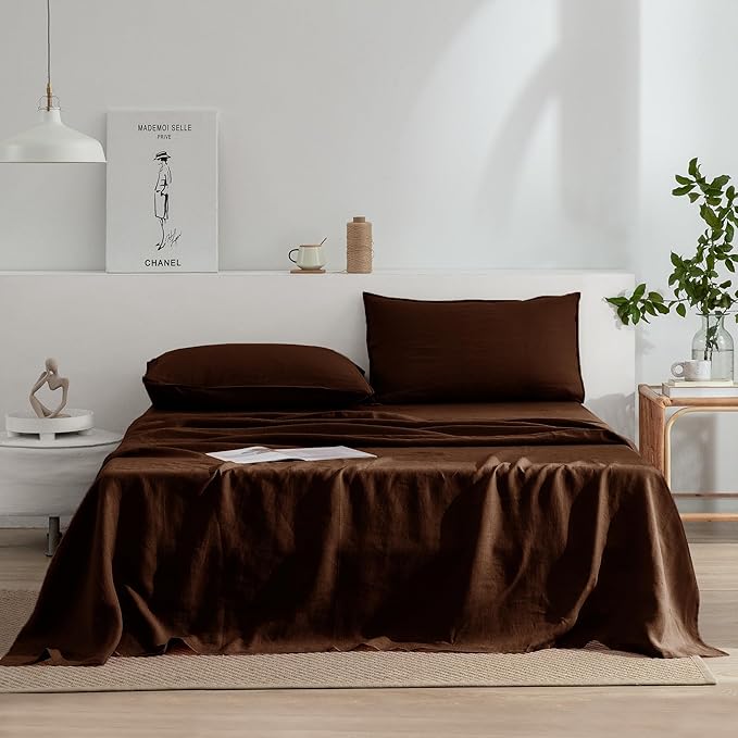 EVERLY Linen Sheets Set Full Size,100% French Stonewash Pure Linen Sheets Set,4Pieces (1Flat Sheet,1Fitted Sheet,2Pillowcase) Suitable for Hot Sleepers,Deep Pocket Natural Bedding Set-Chocolate