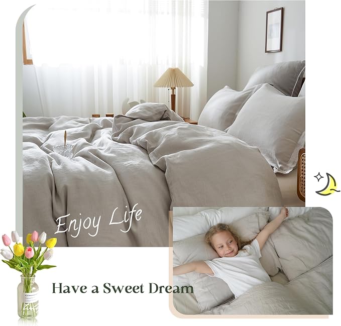 Simple&Opulence 100% Linen Duvet Cover Set, 3 PCS Natural French Flax Light Grey Duvet Cover Queen Size, Breathable Soft Comfy Linen Bedding Comforter Cover with 2 Pillowcases(Light Grey, 88" x 92")