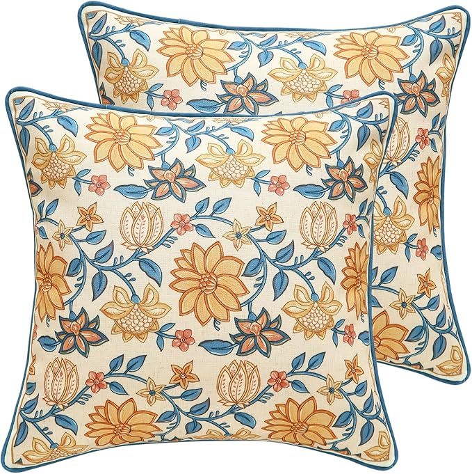 ISAENNE Design Square Simple Elegant Linen Throw Pillow Covers 18"x18" Pack of 2, Blue Yellow Floral Pattern Cushion Covers Decor Pillowcases for Bed,Living Room,Outdoor,Car