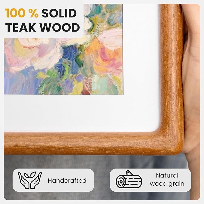 4x6 Picture Frame, USA-Sourced Teak Wood Photo Frames with HD Tempered Glass, Display Photo 3.5x5 with Mat or 4x6 Without Mat, 4 x 6 Frame for Tabletop or Wall Display, Teak Color, 1 Pack