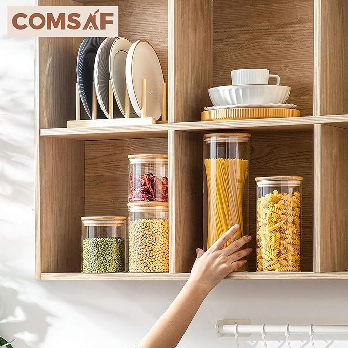 ComSaf Set of 9 Glass Storage Containers with Lids, Glass Jars with Bamboo Lids, Clear Food Storage Jar, Round Glass Canister, Pantry Organizers and Storage for Pasta Flour Rice Coffee Bean