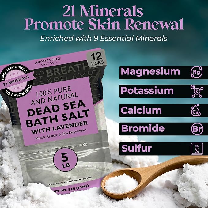 Aromasong Pure Dead Sea Salt for Soaking with 100% Natural Lavender, 5 LB - Spa Bath Salt Fine Grain - Body Wash Scrub - Soak for Women & Men- Bulk Resealable Pack (Packaging May Vary)