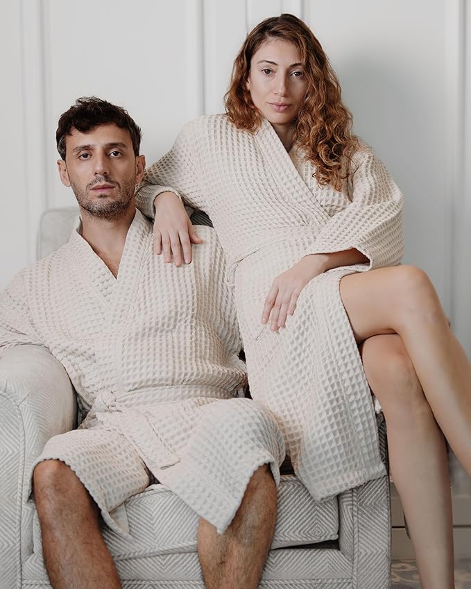 100% Cotton Waffle Kimono Bathrobe for Men & Women, Cozy Leisurewear with Functional Pockets, Comfortable Robe for Relaxation