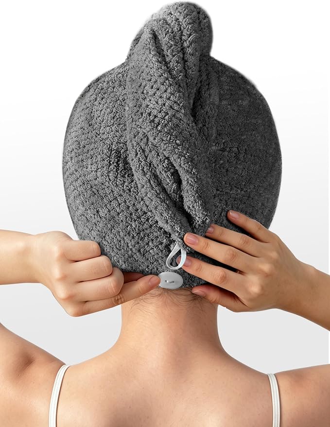 3 Pack Microfiber Hair Towel Wrap for Women, Hair Drying Towels with Button, Super Absorbent Quick Dry Hair Turban, Anti-Frizz Hair Wrap for Curly Thick Long Hair (Gray Khaki Misty Blue)