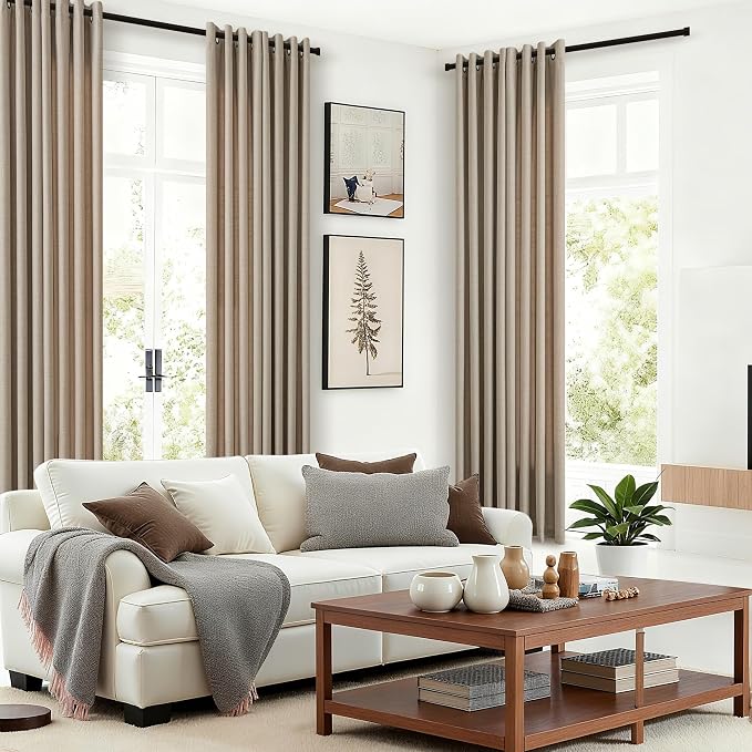 Taupe Linen 100 Inch Curtains 2 Panels for High Ceiling Living Room Thick Flax Drapes Grommet Semi Sheer Privacy Modern Farmhouse Curtains 100 Inch Long for Bedroom Large Window Patio Sliding Door