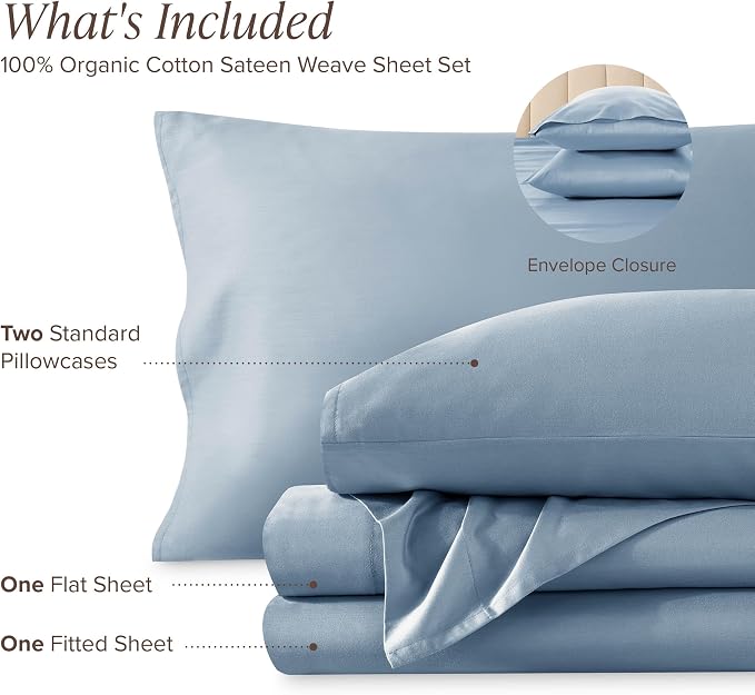 Bare Home 100% Organic Cotton Full Sheet Set - 400 Thread Count - Smooth Sateen Weave - Breathable & Cooling - Hotel Luxury Set - Deep Pocket Bed Sheets (Full, Dusty Blue)