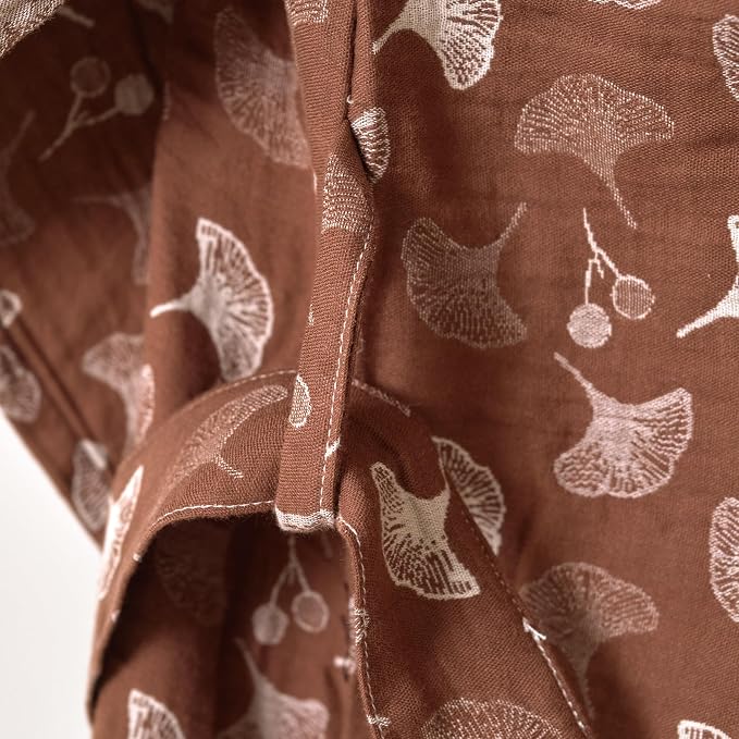 100% Cotton Gauze Ginkgo Leaf Kimono Robe, Long Knit Loose Bathrobe Nightgown Ladies Loungewear Sleepwear for Women